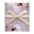Elegant silver glitter laser cut invitation with ribbon and floral interior card - Silver