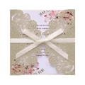 Invitation de mariage en dentelle dorée scintillante avec ruban ivoire et décor floral - Or Clair Pailleté