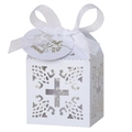 Caja de regalo blanca con cruz calada, cinta de raso y tarjeta de agradecimiento - Blanco