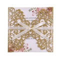 Laser cut wedding invitation with gold glitter cover, white ribbon and floral inner card - Gold Yellow Glitter Laser Cut Set