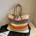 Sac cabas rayé arc-en-ciel tissé à la main avec poignées en cuir pour les vacances d'été - Blanc Cassé