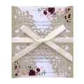 Invito di nozze laser cut glitter oro con inserto floreale e fiocco in nastro satin - Ciano Oro