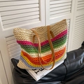Sac cabas en paille tressée arc-en-ciel à rayures multicolores avec anses en cuir marron - Kaki