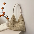 Grand sac cabas tissé beige avec anses en cuir marron pour vacances d'été - Beige