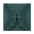 Macro view of laser-cut teal wedding invitation sleeve with detailed lace patterns - Dark Green