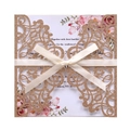 Détail de l'invitation de mariage dorée pailletée avec nœud en satin et carte florale - Ensemble Découpé au Laser à Paillettes Or Rose