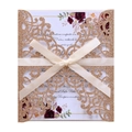 Elegante invito di nozze tagliato al laser in oro rosa glitterato con fiocco e fiori - Oro Rosa Scintillante
