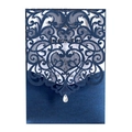 Navy blue laser cut wedding invitation card with intricate floral pattern and crystal pendant - Magic Blue
