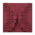 Detailed laser-cut lace pattern on a burgundy wedding invitation card sleeve - Dark Red