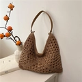Sac hobo en crochet marron avec motif ajouré et bandoulière en cuir pour les vacances - Kaki