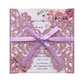 Detail of pink glitter laser cut wedding invitation with lavender ribbon and floral insert - Light Purple Glitter Laser Cut Set