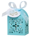 Caja de regalo azul claro cortada con láser con cruz y etiqueta de agradecimiento blanca - Azul Tiffany