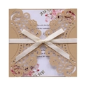 Laser cut hollow wedding invitation with kraft shell, floral card and silk ribbon bow - Beige Gold