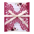 Detail of rose red glitter laser cut invitation with white card and cream satin bow - Glitter Rose Red