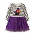 Abito tutu di Halloween per bambina con maniche a righe e ricamo a gatto - 2Y(90cm) / Viola/A Righe Bianche E Nere