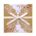 Invito matrimonio in oro glitterato taglio laser con fiocco bianco e inserto floreale - Giallo Oro Scintillante