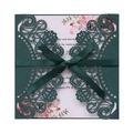 Deep green laser-cut wedding invitation cover with a silk ribbon and floral inner card - Dark Green