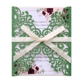 Green glitter laser-cut greeting card with hollow vine pattern and ribbon bow - Glitter Dark Green