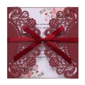 Elegant laser-cut burgundy lace wedding invitation set with silk ribbon and floral insert - Dark Red