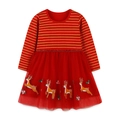 Vestito natalizio rosso da bambina con strisce dorate e ricamo di renne in tulle - Rosso / 2Y(90cm)