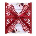 Red glitter hollow laser cut invitation card with elegant satin ribbon and floral insert - Glitter Red