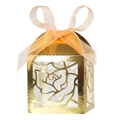 Elegant gold laser-cut rose candy box with orange organza ribbon for wedding favors - Reflective Gold