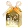 Golden laser-cut wedding favor box with tropical leaf patterns and orange ribbon bow - Reflective Gold