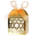 Golden laser-cut Hanukkah gift box with Star of David cutout and orange silk ribbon tie - Reflective Gold