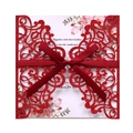 Laser-cut red glitter wedding invitation with silk bow and floral printed insert card - Red Glitter Laser Cut Set