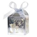 Silver laser-cut hollow gift box with palm leaf patterns and a blue ribbon bow detail - Reflective Silver