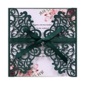 Invitation de mariage élégante découpée au laser en vert foncé avec ruban et carte florale - Vert Foncé