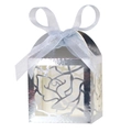 Detailed laser cut rose patterns on silver candy gift box with blue ribbon bow decor - Reflective Silver