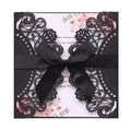 Detailed laser-cut hollow lace design on black wedding invitation with satin ribbon bow - Black Khaki