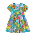 Blue cotton girls summer dress featuring vibrant cartoon forest animal prints and round neck - 1458 Jungle Animals / 2Y(90cm)