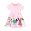Pink short sleeve girl's dress with colorful rainbow and cartoon print on soft cotton fabric - Pink Rainbow Print (1462) / 2Y(90cm)