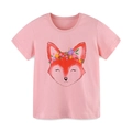 Pink short-sleeve cotton T-shirt for girls with a cute floral fox print on white background - 2Y / Pink