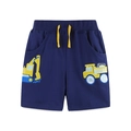 Dark blue knit shorts for boys with yellow drawstrings and cartoon truck embroidery - Dark Blue Vehicle Shorts (3098)