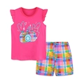Ensemble d'été fille avec haut rose à volants et short à carreaux multicolores - 2Y(90cm) / Haut Appareil Photo Rouge Rose et Short à Carreaux Colorés (2231)