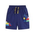 Boys summer navy blue knit shorts with construction vehicle embroidery and yellow drawstring - 2Y(90cm) / Navy Blue Vehicle Embroidered Shorts (3105)