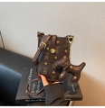 Detailed view of brown teddy bear pattern crossbody bag with golden buckle and dog charm - Coffee with Pendant