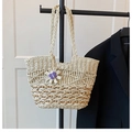 Handmade woven straw tote bag in cream and brown with a purple floral charm accessory - White