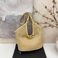 Borsa tote in paglia beige con manici in pelle e tracolla per vacanze al mare - Albicocca