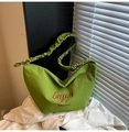 Grass green crescent canvas tote with pleated handle and hobo style text print - Green