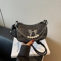 Sac sous le bras en tweed noir avec nœud argenté, chaîne de perles et bandoulière nouée - Noir