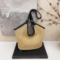 Borsa tote in paglia con manici e finiture in pelle nera per vacanze estive al mare - Nero