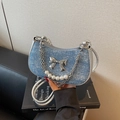 Sac bandoulière en denim bleu avec paillettes, nœud argenté et perles élégantes - Bleu Denim