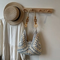 Beige and blue woven straw tote bag with beaded handle for summer beach vacation - Blue