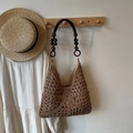 Handwoven khaki straw tote bag featuring decorative wooden bead shoulder straps and openwork pattern - Khaki