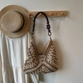 Brown crochet woven hobo bag featuring dark brown wooden bead strap and geometric pattern - Beige & Khaki