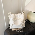 Fashionable creamy white drawstring bucket bag featuring cute 3D bows and silver chain strap - White